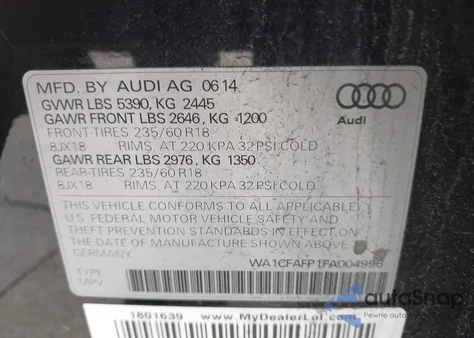2015 Audi Q5 2.0T Premium из США, поврежденный, VIN WA1CFAFP1FA004996